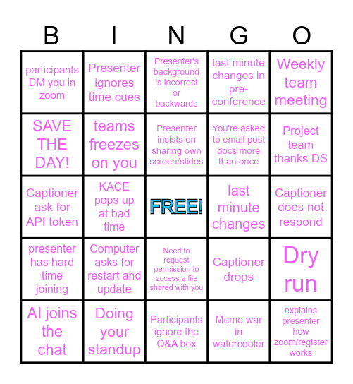 Production Wing Event Bingo Card