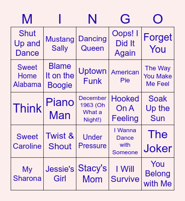 Sing Alongs - Songs Bingo Card