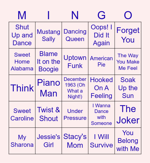 Sing Alongs - Songs Bingo Card