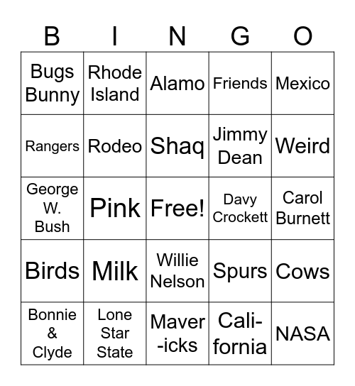 Texas Trivia Bingo Card