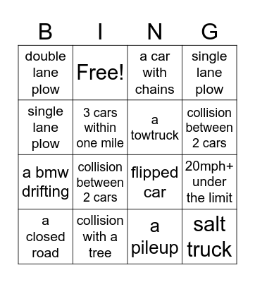 snowy day drive Bingo Card
