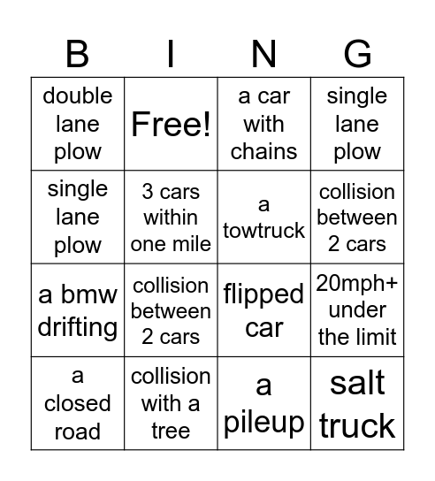 snowy day drive Bingo Card