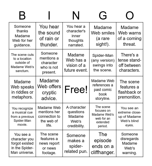 Madame Web Drinking Game Bingo Card