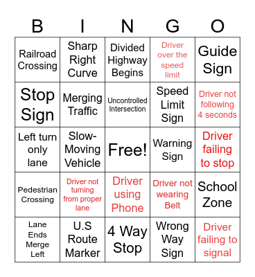 Driver's Education Bingo Card