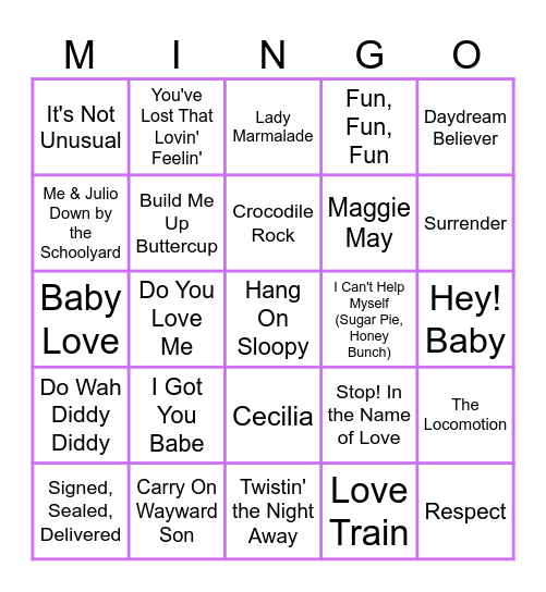 60s & 70s Bingo Card
