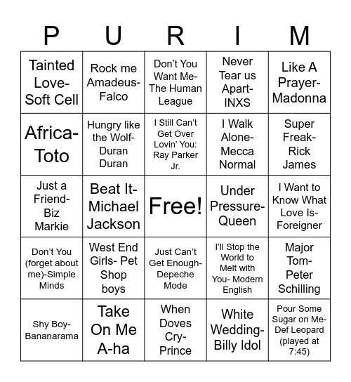 80s Purim Bingo! Bingo Card