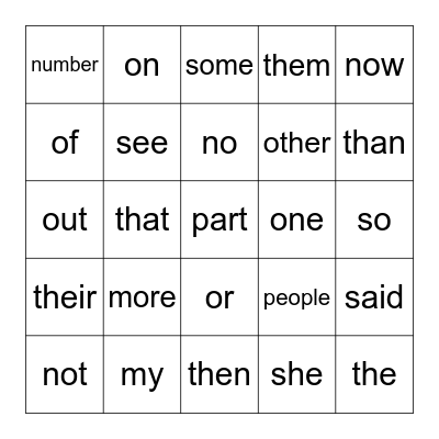 Sight Words Bingo Card