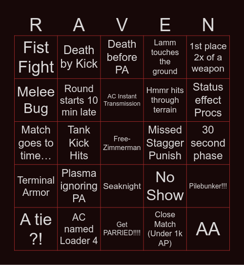 Ac6 Tournament Bingo Card