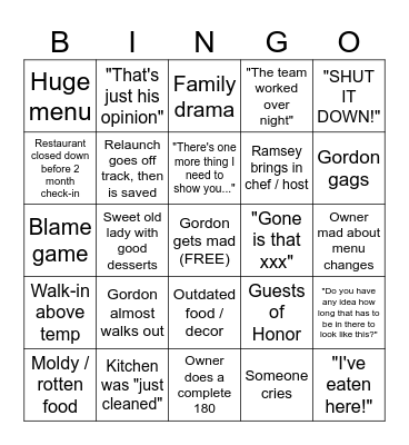 Kitchen Nightmares Bingo Card