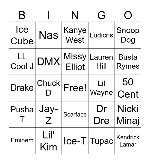 Rappers Bingo Card