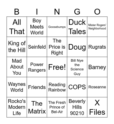 Joe Knows The 90's-Theme Songs Bingo Card