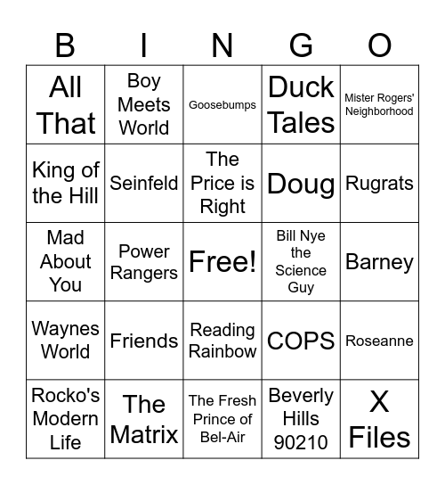 Joe Knows The 90's-Theme Songs Bingo Card