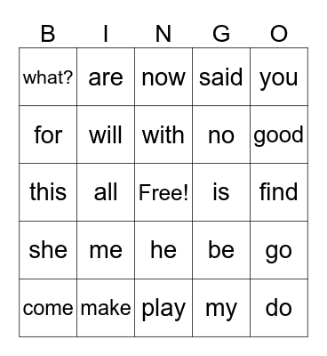 Sight Words Bingo Card