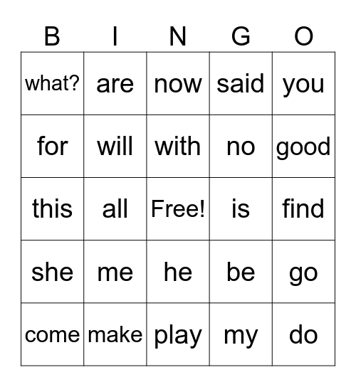 Sight Words Bingo Card