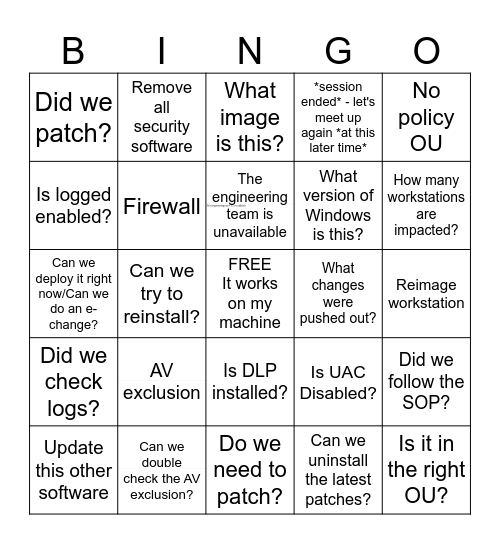 Software Vendor Excuse Bingo! Bingo Card