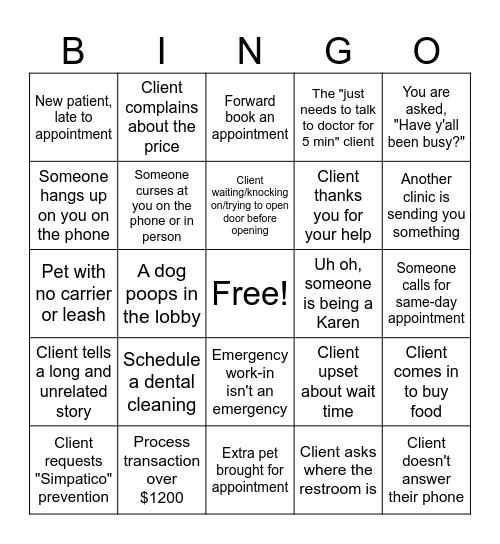 Veterinary Receptionist Bingo Card