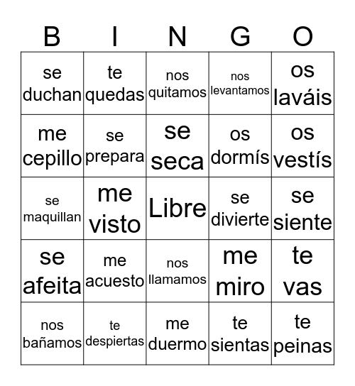 Reflexive Vocab 2 Bingo Card