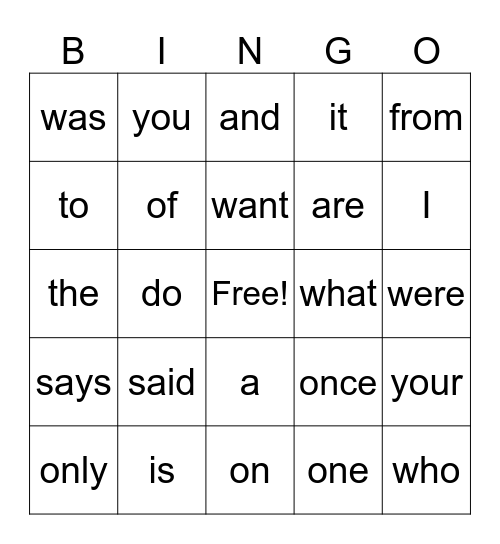 Rory Sight Words Bingo Card