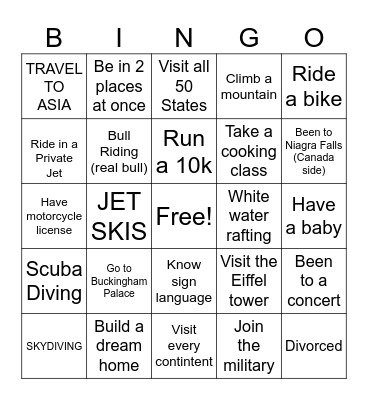 Bucket List Bingo Card