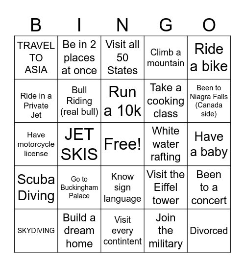 Bucket List Bingo Card