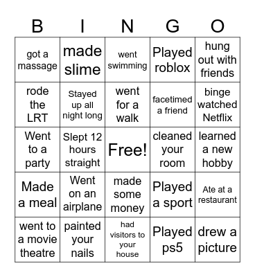 Spring Break Bingo Card