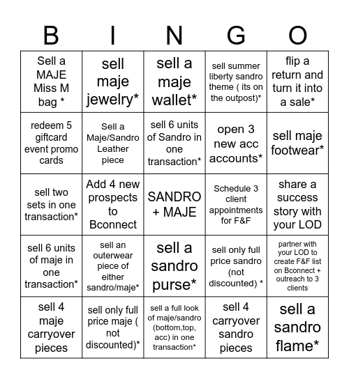 Sandro/Maje Bingo Card