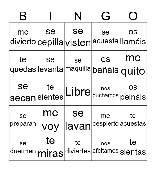 Reflexive Vocab 3 Bingo Card