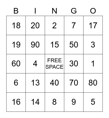 NUMBERS Bingo Card