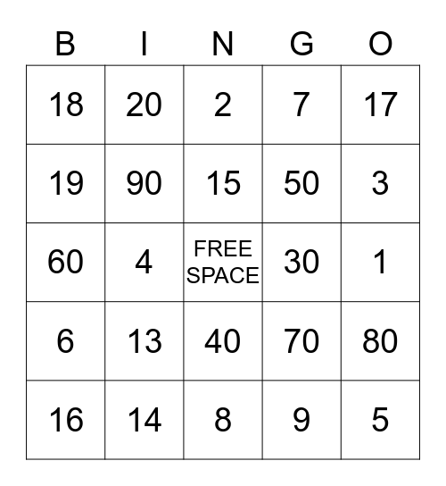 NUMBERS Bingo Card