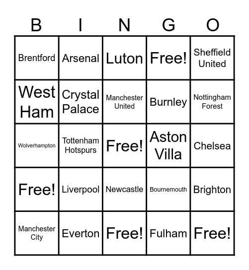 Premier League Bingo Card