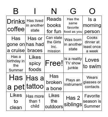 Girls Inc. Bingo Card