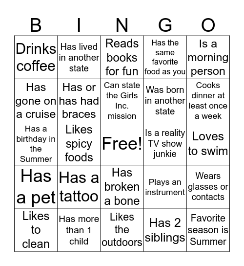 Girls Inc. Bingo Card