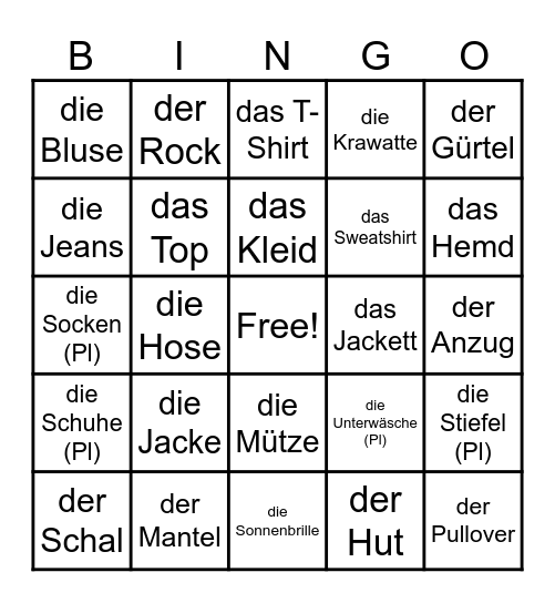 Kleidung Bingo Card