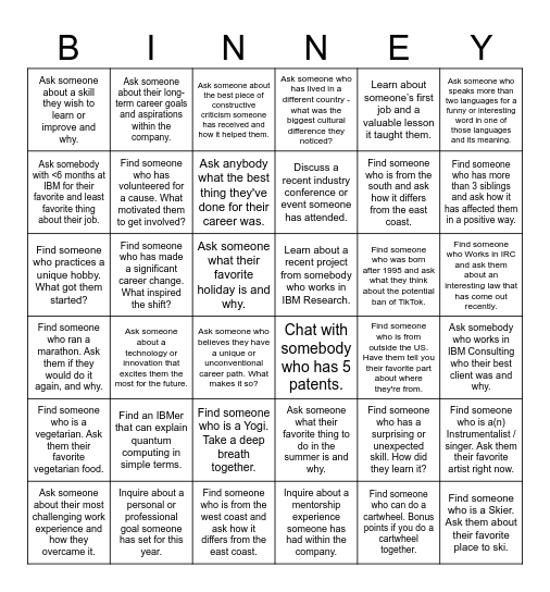 Binney Bingo! Bingo Card