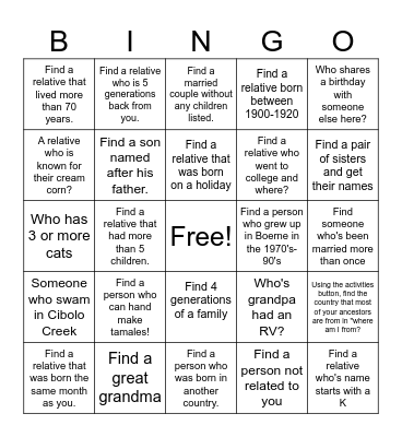 Family Search Bingo Card