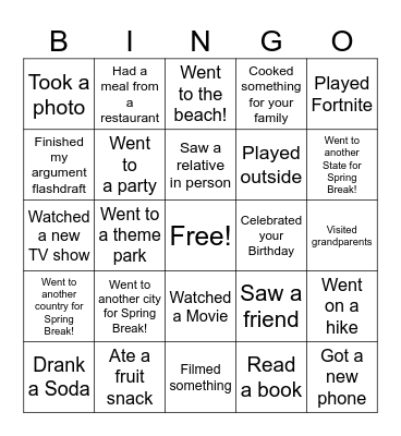 Return from Spring Break Bingo Card