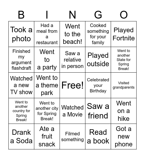 Return from Spring Break Bingo Card