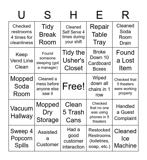 Usher Bingo Card