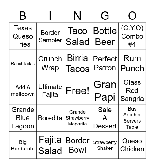 On The Border Server Bingo Card