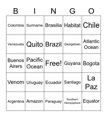 South America With Fox Bingo Card