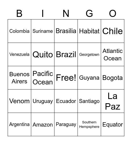 South America With Fox Bingo Card