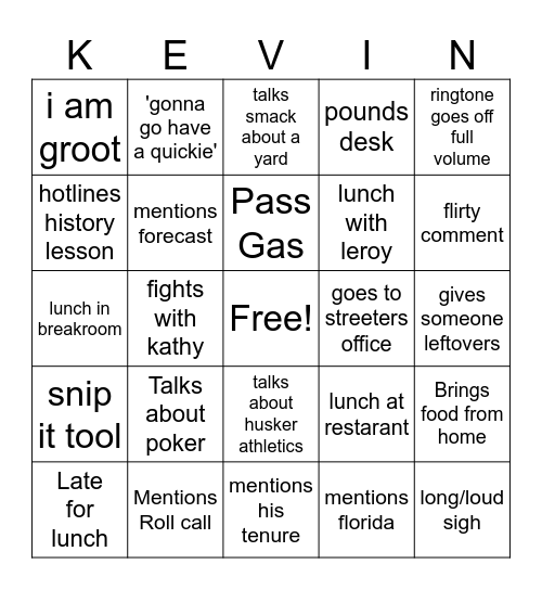 Kevin Bingo Card