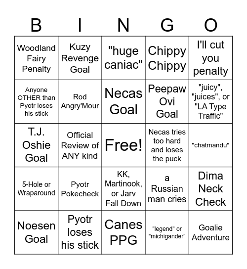 Canes vs Capitals 03/22/24 Bingo Card