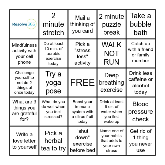 Stress Awareness Month Bingo Card