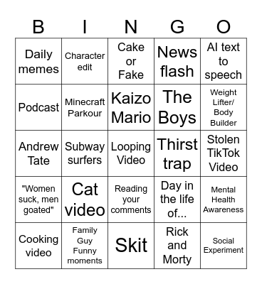 Youtube Shorts Bingo Card