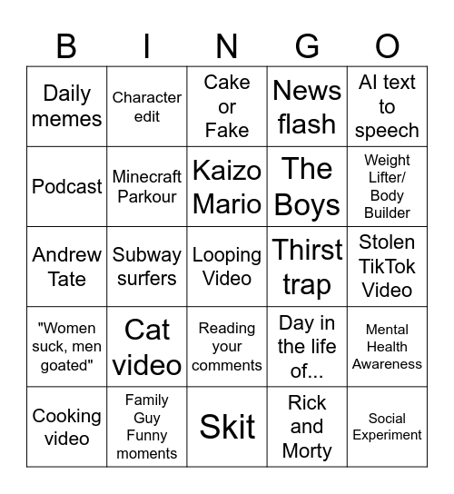 Youtube Shorts Bingo Card