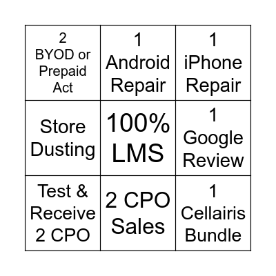 Bravo Points Bingo Card