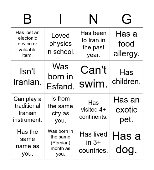 UTIRAN Nowruz Bingo! Find someone who... Bingo Card