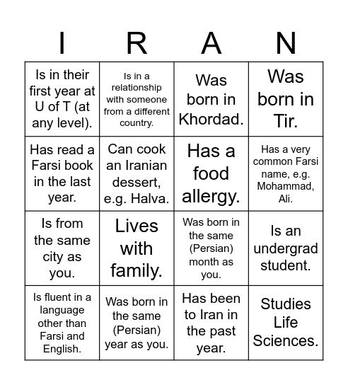 UTIRAN Nowruz Bingo! Find someone who... Bingo Card