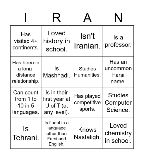 UTIRAN Nowruz Bingo!  Find someone who... Bingo Card